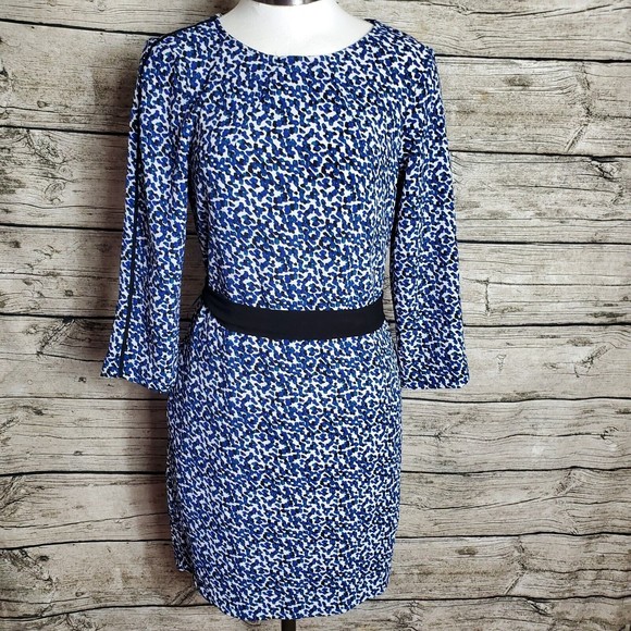 H&M Blue & Black Spotted Pattern Dress, Belt Sash at Waist 3/4 Sleeves Women’s 4 - Picture 1 of 7
